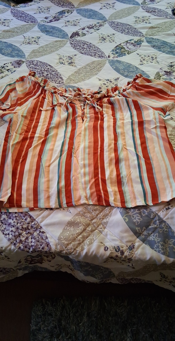 Pink Republic Striped Off-Shoulder Crop Top in Orange, White, Teal